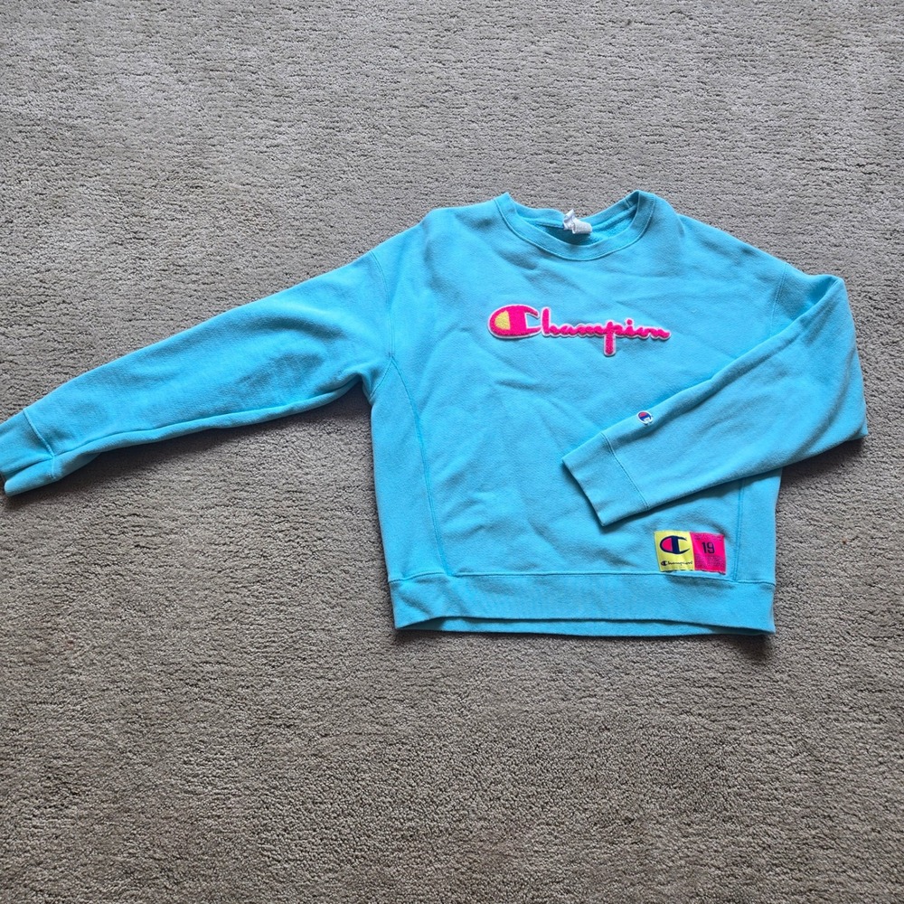Champion Reverse Weave Sweatshirt Womens Small Blue Pink Chenille Script Logo